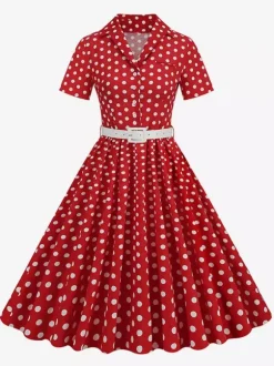 Retro Glamour Dress 1950s Style Turndown Collar Buttons Short Sleeves Polka Dot Swing Dress