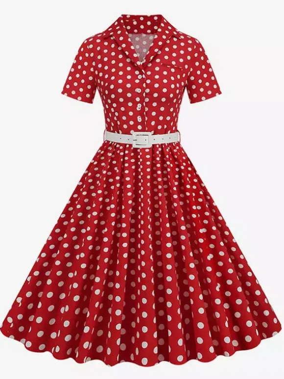 Retro Glamour Dress 1950s Style Turndown Collar Buttons Short Sleeves Polka Dot Swing Dress