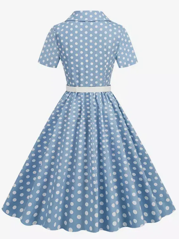 Retro Glamour Dress 1950s Style Turndown Collar Buttons Short Sleeves Polka Dot Swing Dress