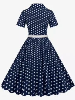 Retro Glamour Dress 1950s Style Turndown Collar Buttons Short Sleeves Polka Dot Swing Dress