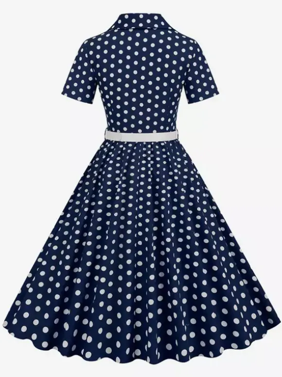 Retro Glamour Dress 1950s Style Turndown Collar Buttons Short Sleeves Polka Dot Swing Dress