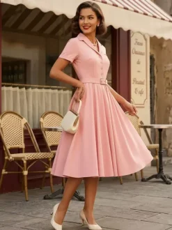 Retro Glamour Dress 1950s Style V-Neck Buttons Layered Short Sleeves Medium Rockabilly Dress