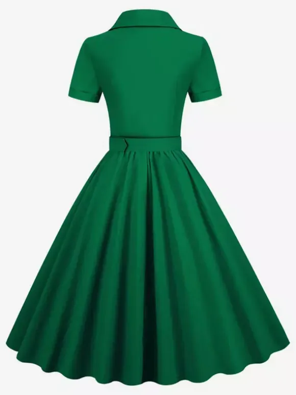 Retro Glamour Dress 1950s Style V-Neck Buttons Layered Short Sleeves Medium Rockabilly Dress