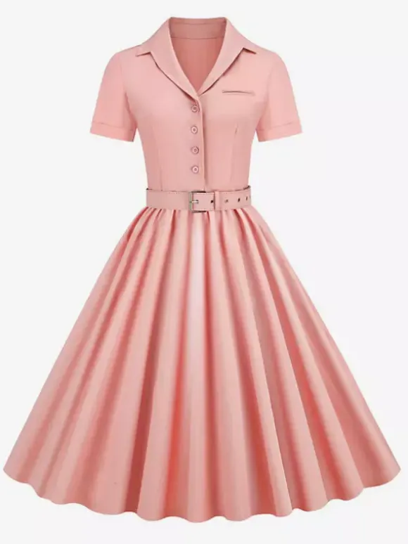 Retro Glamour Dress 1950s Style V-Neck Buttons Layered Short Sleeves Medium Rockabilly Dress