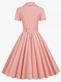 Retro Glamour Dress 1950s Style V-Neck Buttons Layered Short Sleeves Medium Rockabilly Dress