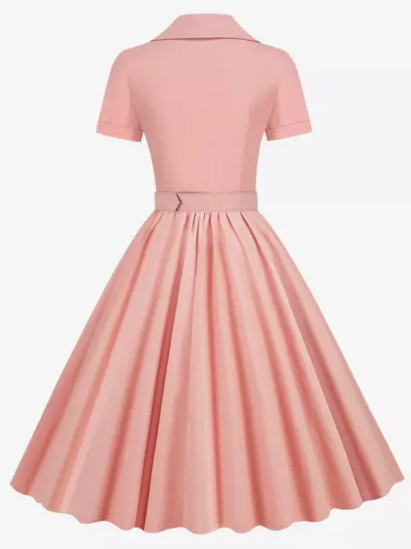 Retro Glamour Dress 1950s Style V-Neck Buttons Layered Short Sleeves Medium Rockabilly Dress