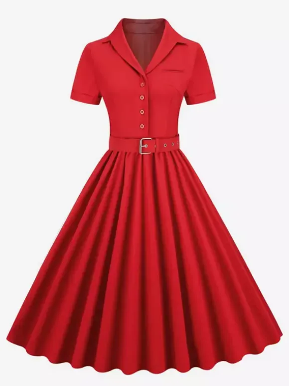 Retro Glamour Dress 1950s Style V-Neck Buttons Layered Short Sleeves Medium Rockabilly Dress