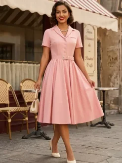 Retro Glamour Dress 1950s Style V-Neck Buttons Layered Short Sleeves Medium Rockabilly Dress