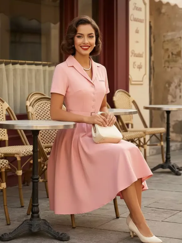 Retro Glamour Dress 1950s Style V-Neck Buttons Layered Short Sleeves Medium Rockabilly Dress