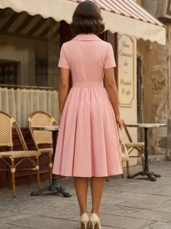 Retro Glamour Dress 1950s Style V-Neck Buttons Layered Short Sleeves Medium Rockabilly Dress