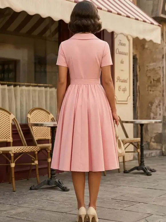 Retro Glamour Dress 1950s Style V-Neck Buttons Layered Short Sleeves Medium Rockabilly Dress
