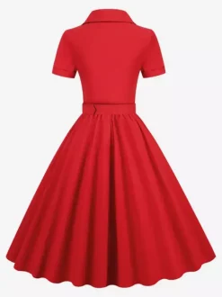 Retro Glamour Dress 1950s Style V-Neck Buttons Layered Short Sleeves Medium Rockabilly Dress