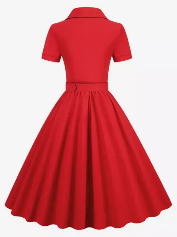 Retro Glamour Dress 1950s Style V-Neck Buttons Layered Short Sleeves Medium Rockabilly Dress