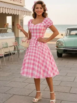Retro Glamour Dress Sweetheart Neck Puff Sleeves Polka Dots Casual Long Dresses