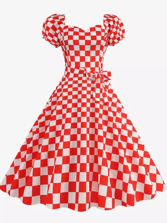 Retro Glamour Dress Sweetheart Neck Puff Sleeves Polka Dots Casual Long Dresses