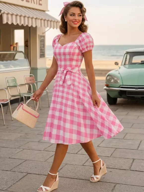Retro Glamour Dress Sweetheart Neck Puff Sleeves Polka Dots Casual Long Dresses