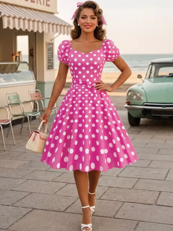 Retro Glamour Dress Sweetheart Neck Puff Sleeves Polka Dots Casual Long Dresses