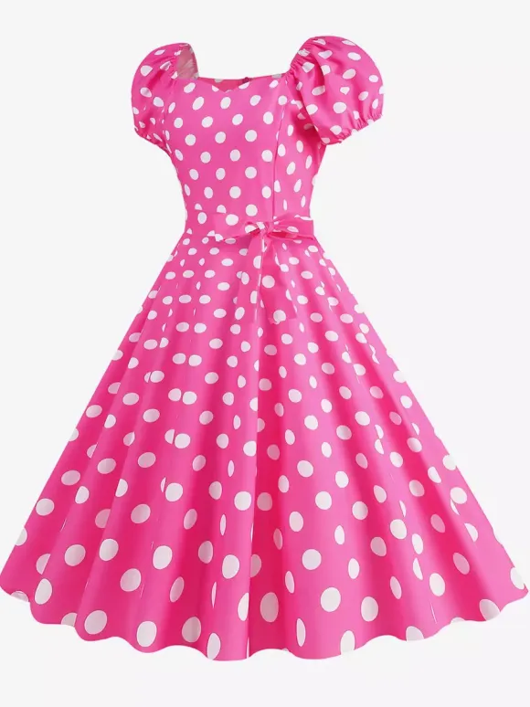 Retro Glamour Dress Sweetheart Neck Puff Sleeves Polka Dots Casual Long Dresses