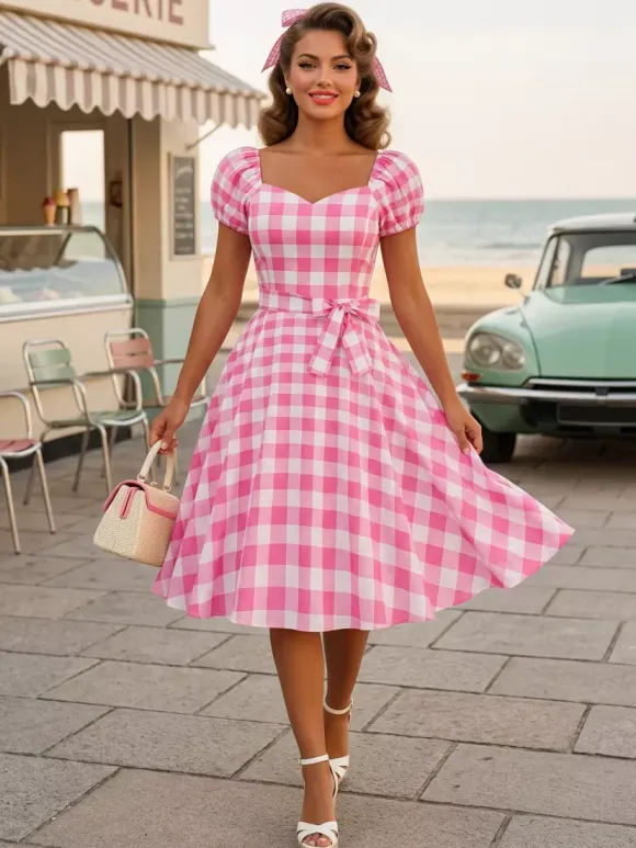 Retro Glamour Dress Sweetheart Neck Puff Sleeves Polka Dots Casual Long Dresses