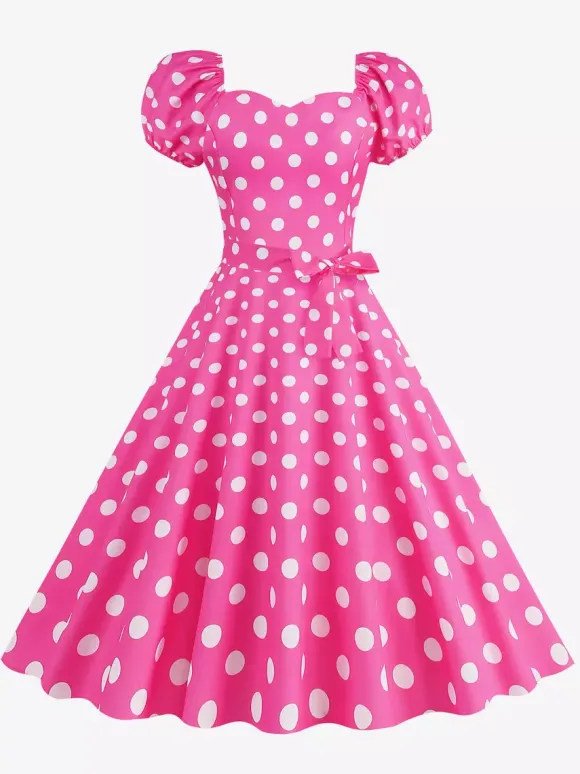 Retro Glamour Dress Sweetheart Neck Puff Sleeves Polka Dots Casual Long Dresses