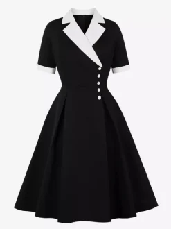 Retro Lapel Side Button Slim Fit Flare A Line Elegant Midi Dress For Women 2026