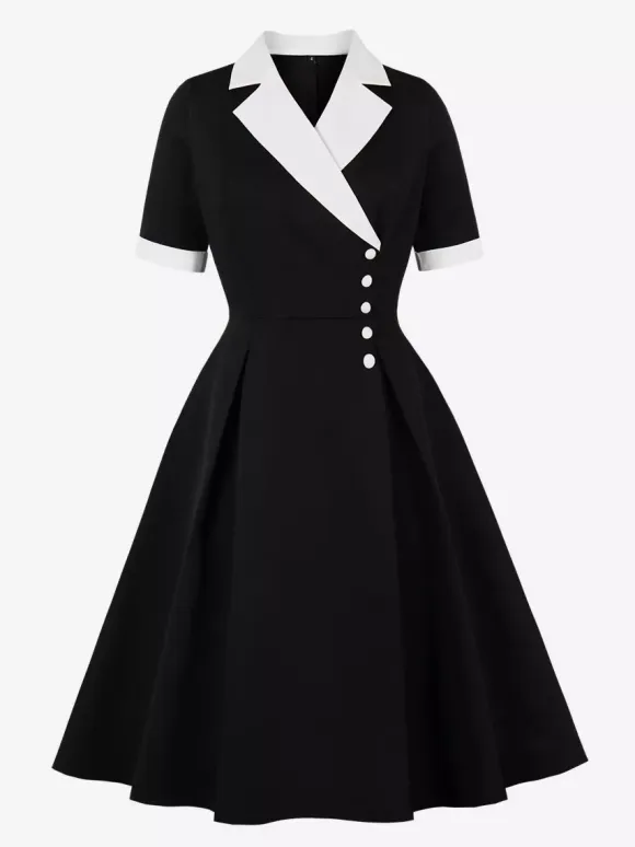 Retro Lapel Side Button Slim Fit Flare A Line Elegant Midi Dress For Women 2026