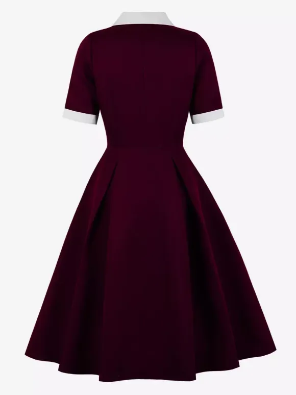 Retro Lapel Side Button Slim Fit Flare A Line Elegant Midi Dress For Women 2026