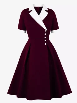 Retro Lapel Side Button Slim Fit Flare A Line Elegant Midi Dress For Women 2026
