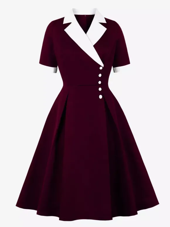 Retro Lapel Side Button Slim Fit Flare A Line Elegant Midi Dress For Women 2026