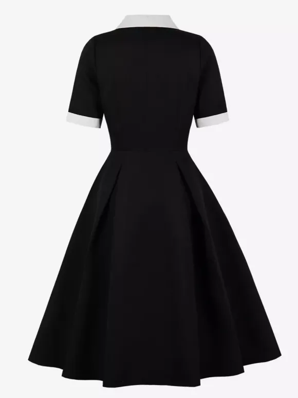 Retro Lapel Side Button Slim Fit Flare A Line Elegant Midi Dress For Women 2026