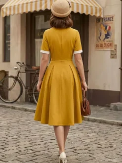 Retro Lapel Side Button Slim Fit Flare A Line Elegant Midi Dress For Women 2026