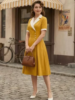 Retro Lapel Side Button Slim Fit Flare A Line Elegant Midi Dress For Women 2026