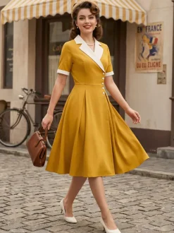 Retro Lapel Side Button Slim Fit Flare A Line Elegant Midi Dress For Women 2026