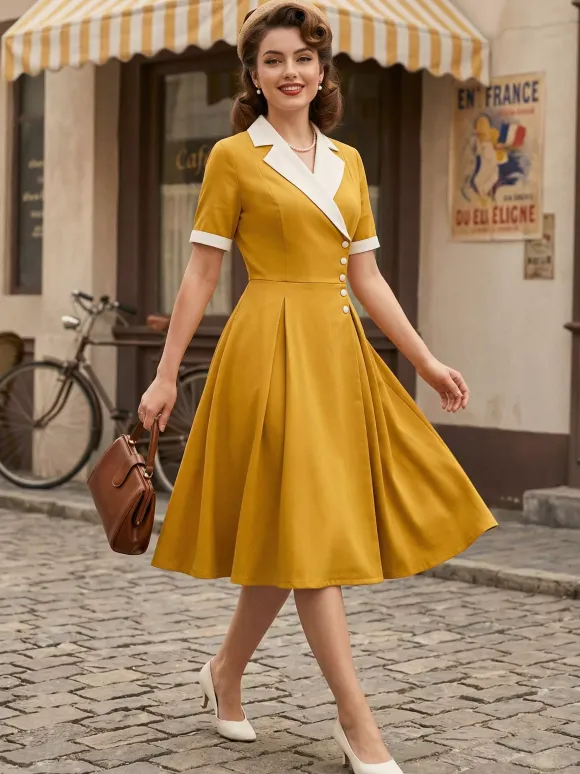 Retro Lapel Side Button Slim Fit Flare A Line Elegant Midi Dress For Women 2026