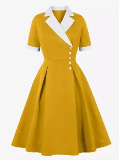 Retro Lapel Side Button Slim Fit Flare A Line Elegant Midi Dress For Women 2026