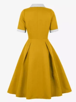 Retro Lapel Side Button Slim Fit Flare A Line Elegant Midi Dress For Women 2026