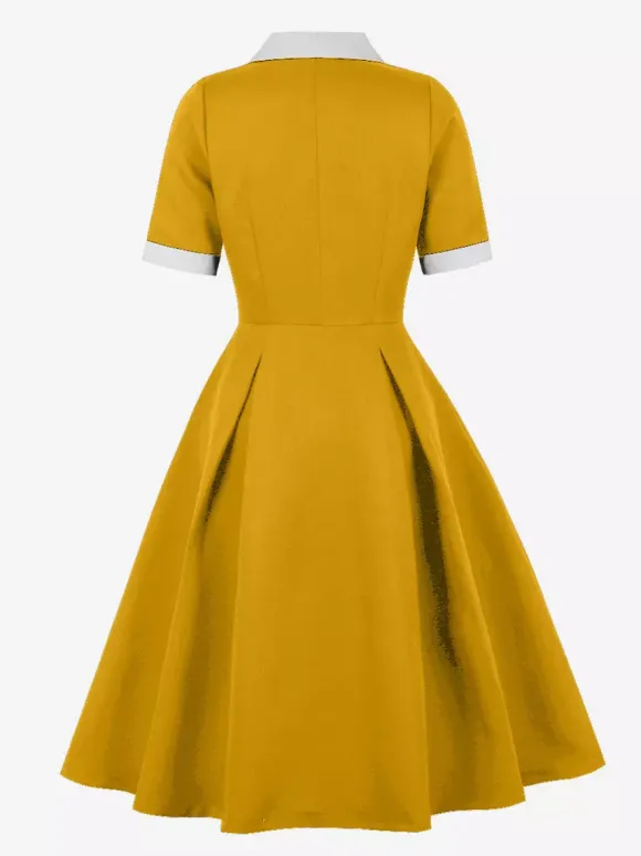 Retro Lapel Side Button Slim Fit Flare A Line Elegant Midi Dress For Women 2026