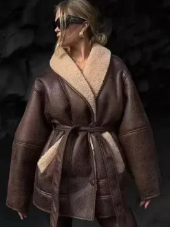 Retro Oversized Shearling Trim Leather Coat Belted Waist Plush Lining Cold Weather Jacket