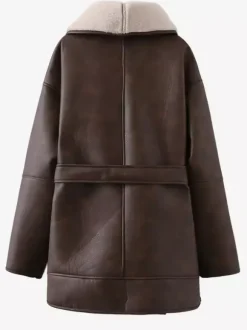 Retro Oversized Shearling Trim Leather Coat Belted Waist Plush Lining Cold Weather Jacket