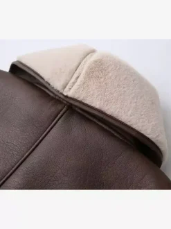 Retro Oversized Shearling Trim Leather Coat Belted Waist Plush Lining Cold Weather Jacket