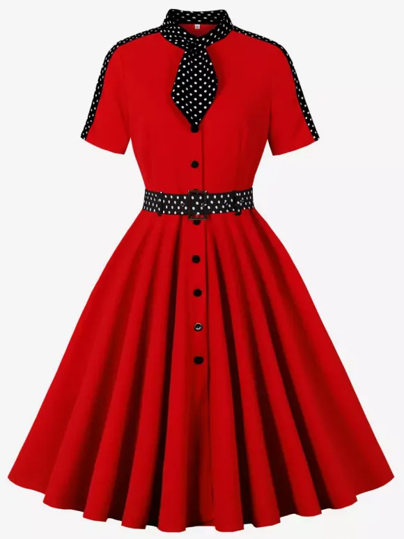 Retro Polka Dot Shirt Dress With Tie And Belt Vintage Inspired Midi Dress For Women 2026