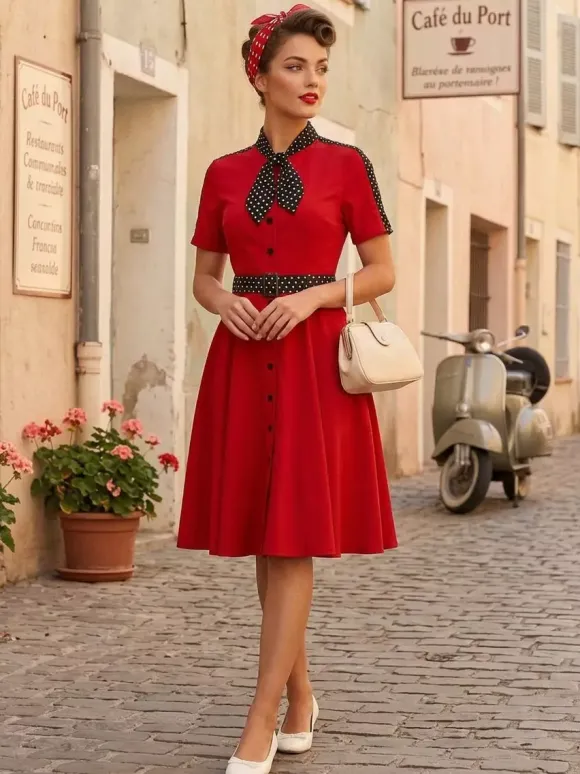 Retro Polka Dot Shirt Dress With Tie And Belt Vintage Inspired Midi Dress For Women 2026