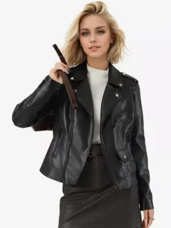Retro Rivet Shoulder Leather Biker Coat Asymmetrical Zip Slim Long Sleeve Jacket