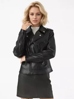 Retro Rivet Shoulder Leather Biker Coat Asymmetrical Zip Slim Long Sleeve Jacket