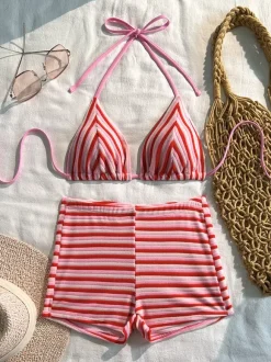 Retro Striped Terry Bikini Set For Women - High Waisted 2 Piece Swimsuit With Halter Triangle Top & Shorts - Summer Beach 2026