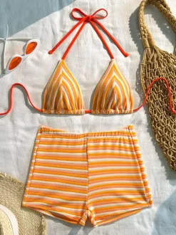 Retro Striped Terry Bikini Set For Women - High Waisted 2 Piece Swimsuit With Halter Triangle Top & Shorts - Summer Beach 2026