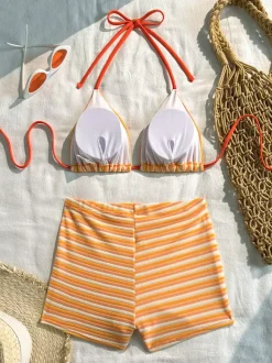 Retro Striped Terry Bikini Set For Women - High Waisted 2 Piece Swimsuit With Halter Triangle Top & Shorts - Summer Beach 2026