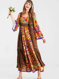 Retro Tudor Dress Costumes Orange Polyester Floral Print Marie Antoinette Costume Waistcoat Hippies Tunic 18th Century Costume Full Set