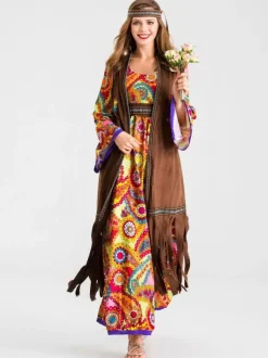 Retro Tudor Dress Costumes Orange Polyester Floral Print Marie Antoinette Costume Waistcoat Hippies Tunic 18th Century Costume Full Set