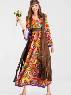 Retro Tudor Dress Costumes Orange Polyester Floral Print Marie Antoinette Costume Waistcoat Hippies Tunic 18th Century Costume Full Set